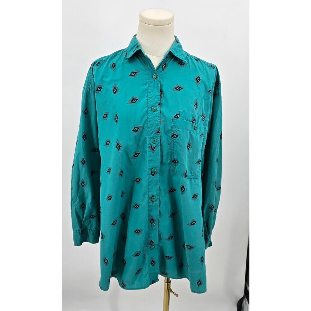 Bramble Lane Coastal Boho Western Turquoise Diamond Print Button-Down‎ Shirt